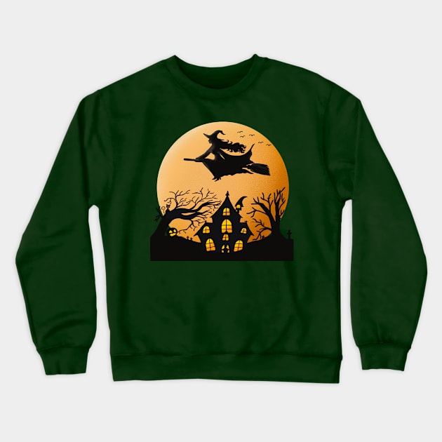 Creepy Witch With Broom Halloween T-shirt Crewneck Sweatshirt by AYOUCHKA